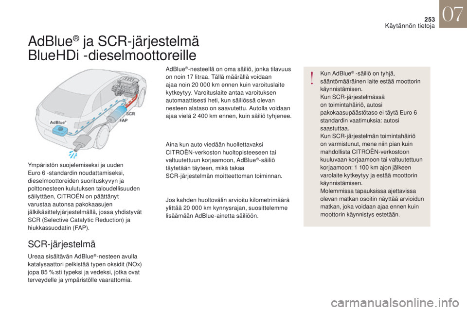 CITROEN DS4 2017 Omistajan Käsikirjat (in Finnish) 253
DS4_fi_Chap07_info-pratiques_ed01-2016
Kun AdBlue® -säiliö on tyhjä,
sääntömääräinen laite estää moottorin
käynnistämisen.
Kun SCR-järjestelmässä
on toimintahäiriö, autosi
p CITROEN DS4 2017 Omistajan Käsikirjat (in Finnish) 253
DS4_fi_Chap07_info-pratiques_ed01-2016
Kun AdBlue® -säiliö on tyhjä,
sääntömääräinen laite estää moottorin
käynnistämisen.
Kun SCR-järjestelmässä
on toimintahäiriö, autosi
p