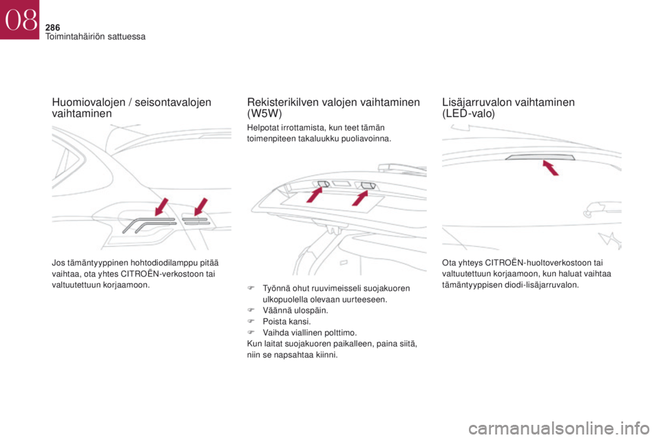 CITROEN DS4 2017 Omistajan Käsikirjat (in Finnish) 286
DS4_fi_Chap08_en-cas-de-panne_ed01-2016
Huomiovalojen / seisontavalojen
vaihtaminenRekisterikilven valojen vaihtaminen
(W5W)
Ota yhteys CITROËN-huoltoverkostoon tai
valtuutettuun korjaamoon, k CITROEN DS4 2017 Omistajan Käsikirjat (in Finnish) 286
DS4_fi_Chap08_en-cas-de-panne_ed01-2016
Huomiovalojen / seisontavalojen
vaihtaminenRekisterikilven valojen vaihtaminen
(W5W)
Ota yhteys CITROËN-huoltoverkostoon tai
valtuutettuun korjaamoon, k