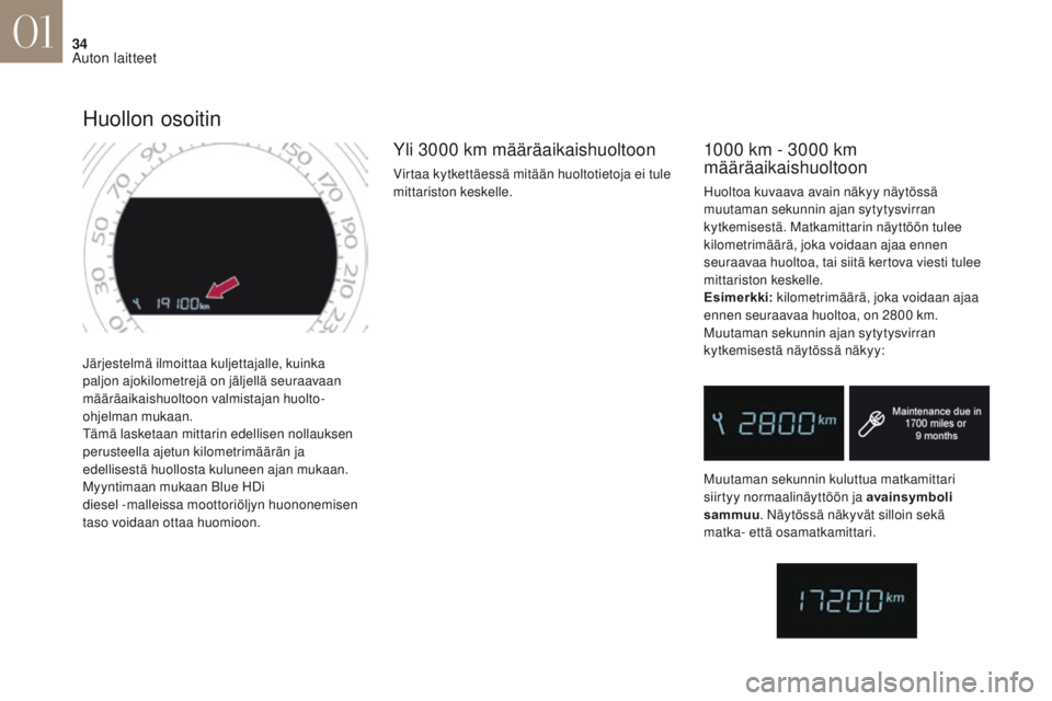 CITROEN DS4 2017 Omistajan Käsikirjat (in Finnish) 34
DS4_fi_Chap01_instruments- de-bord_ed01-2016
Järjestelmä ilmoittaa kuljettajalle, kuinka
paljon ajokilometrejä on jäljellä seuraavaan
määräaikaishuoltoon valmistajan huolto-
ohjelman muka CITROEN DS4 2017 Omistajan Käsikirjat (in Finnish) 34
DS4_fi_Chap01_instruments- de-bord_ed01-2016
Järjestelmä ilmoittaa kuljettajalle, kuinka
paljon ajokilometrejä on jäljellä seuraavaan
määräaikaishuoltoon valmistajan huolto-
ohjelman muka