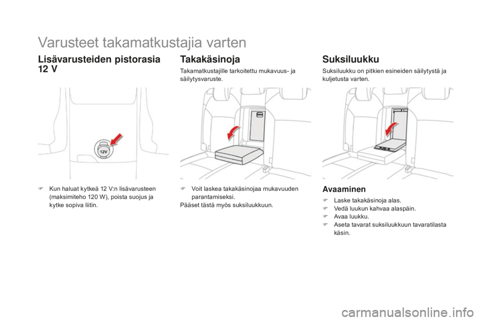 CITROEN DS4 2016  Omistajan Käsikirjat (in Finnish) DS4_fi_Chap04_amenagement_ed03-2015
Avaaminen
F Laske takakäsinoja alas.
F V edä luukun kahvaa alaspäin.
F
 
A
 vaa luukku.
F
 
A
 seta tavarat suksiluukkuun tavaratilasta 
käsin.
Suksiluukku
Suks