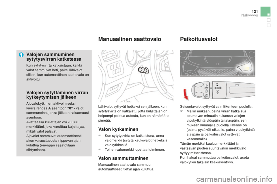 CITROEN DS4 2016 Omistajan Käsikirjat (in Finnish) 131
DS4_fi_Chap05_visibilite_ed03-2015
Valojen sammuminen
sytytysvirran katketessa
Kun sytytysvirta katkaistaan, kaikki
valot sammuvat heti, paitsi lähivalot
silloin, kun automaattinen saattovalo CITROEN DS4 2016 Omistajan Käsikirjat (in Finnish) 131
DS4_fi_Chap05_visibilite_ed03-2015
Valojen sammuminen
sytytysvirran katketessa
Kun sytytysvirta katkaistaan, kaikki
valot sammuvat heti, paitsi lähivalot
silloin, kun automaattinen saattovalo