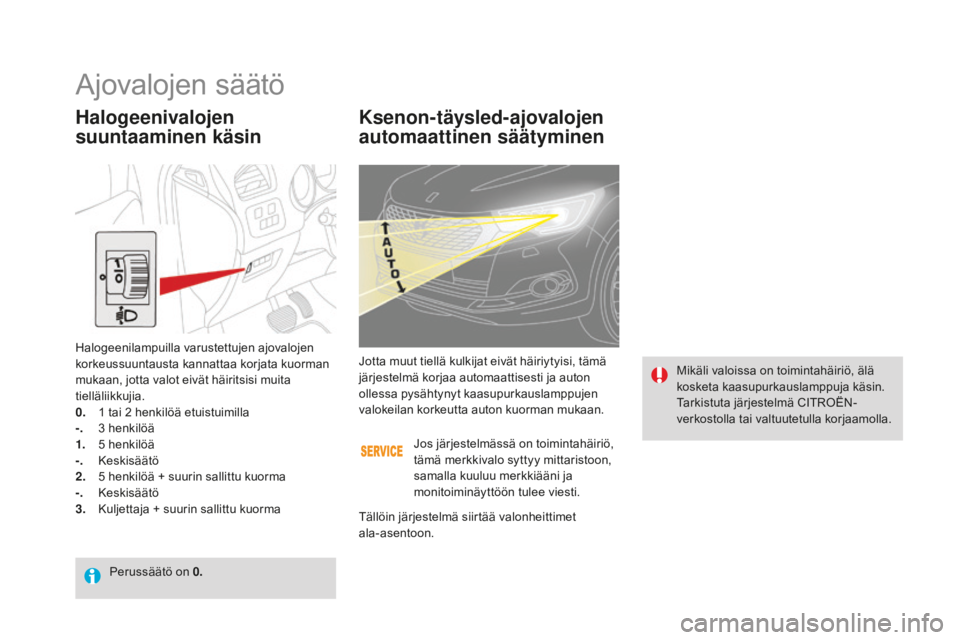 CITROEN DS4 2016 Omistajan Käsikirjat (in Finnish) DS4_fi_Chap05_visibilite_ed03-2015
Ksenon-täysled-ajovalojen
automaattinen säätyminen
Mikäli valoissa on toimintahäiriö, älä
kosketa kaasupurkauslamppuja käsin.
Tarkistuta järjestelmä CIT CITROEN DS4 2016 Omistajan Käsikirjat (in Finnish) DS4_fi_Chap05_visibilite_ed03-2015
Ksenon-täysled-ajovalojen
automaattinen säätyminen
Mikäli valoissa on toimintahäiriö, älä
kosketa kaasupurkauslamppuja käsin.
Tarkistuta järjestelmä CIT