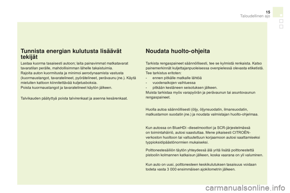 CITROEN DS4 2016 Omistajan Käsikirjat (in Finnish) 15
DS4_fi_Chap00c_eco-conduite_ed03-2015
Tunnista energian kulutusta lisäävät
tekijät
Lastaa kuorma tasaisesti autoon; laita painavimmat matkatavarat
tavaratilan perälle, mahdollisimman lähell CITROEN DS4 2016 Omistajan Käsikirjat (in Finnish) 15
DS4_fi_Chap00c_eco-conduite_ed03-2015
Tunnista energian kulutusta lisäävät
tekijät
Lastaa kuorma tasaisesti autoon; laita painavimmat matkatavarat
tavaratilan perälle, mahdollisimman lähell