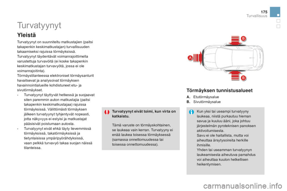 CITROEN DS4 2016 Omistajan Käsikirjat (in Finnish) 175
DS4_fi_Chap07_securite_ed03-2015
Turvatyynyt
Yleistä
Turvatyynyt on suunniteltu matkustajien (paitsi
takapenkin keskimatkustajan) turvallisuuden
takaamiseksi rajuissa törmäyksissä.
Turvatyy CITROEN DS4 2016 Omistajan Käsikirjat (in Finnish) 175
DS4_fi_Chap07_securite_ed03-2015
Turvatyynyt
Yleistä
Turvatyynyt on suunniteltu matkustajien (paitsi
takapenkin keskimatkustajan) turvallisuuden
takaamiseksi rajuissa törmäyksissä.
Turvatyy