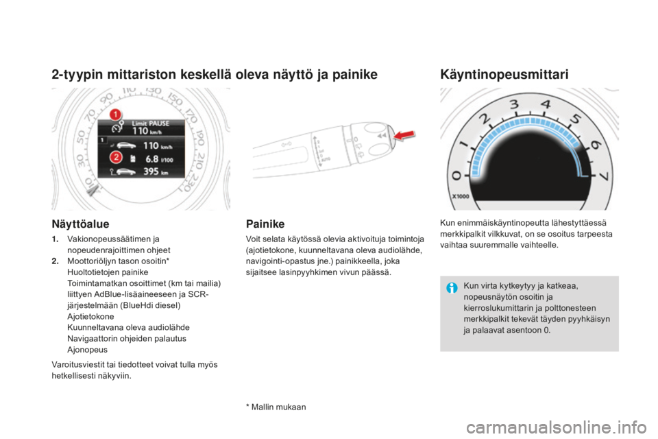 CITROEN DS4 2016 Omistajan Käsikirjat (in Finnish) DS4_fi_Chap01_controle-de-marche_ed03-2015
2-tyypin mittariston keskellä oleva näyttö ja painike
Näyttöalue
1. Vakionopeussäätimen ja nopeudenrajoittimen ohjeet
2.
M
oottoriöljyn tason osoit CITROEN DS4 2016 Omistajan Käsikirjat (in Finnish) DS4_fi_Chap01_controle-de-marche_ed03-2015
2-tyypin mittariston keskellä oleva näyttö ja painike
Näyttöalue
1. Vakionopeussäätimen ja nopeudenrajoittimen ohjeet
2.
M
oottoriöljyn tason osoit