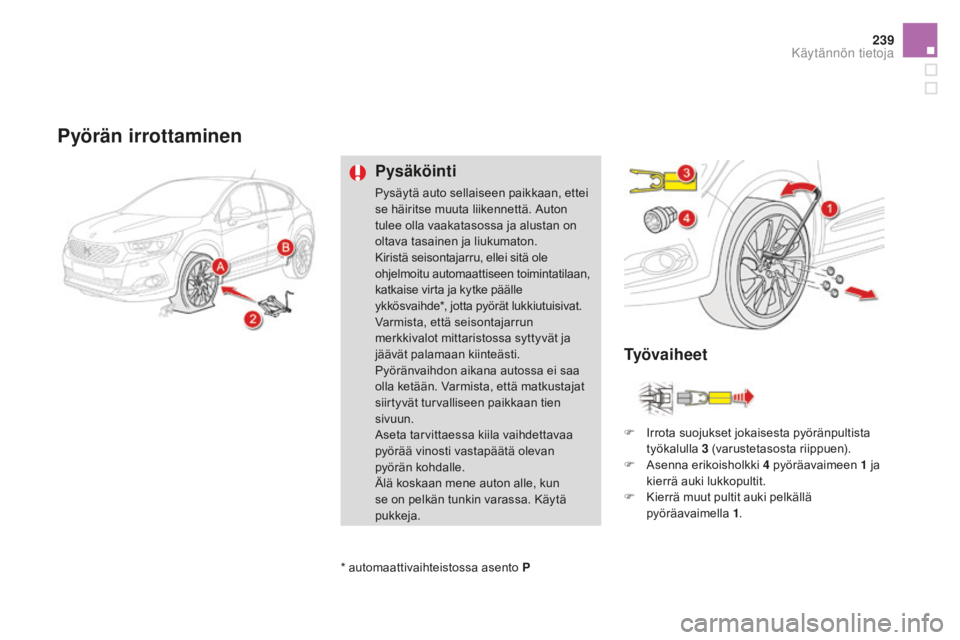 CITROEN DS4 2016 Omistajan Käsikirjat (in Finnish) 239
DS4_fi_Chap09_info-pratiques_ed03-2015
pyörän irrottaminen
pysäköinti
Pysäytä auto sellaiseen paikkaan, ettei
se häiritse muuta liikennettä. Auton
tulee olla vaakatasossa ja alustan on
CITROEN DS4 2016 Omistajan Käsikirjat (in Finnish) 239
DS4_fi_Chap09_info-pratiques_ed03-2015
pyörän irrottaminen
pysäköinti
Pysäytä auto sellaiseen paikkaan, ettei
se häiritse muuta liikennettä. Auton
tulee olla vaakatasossa ja alustan on