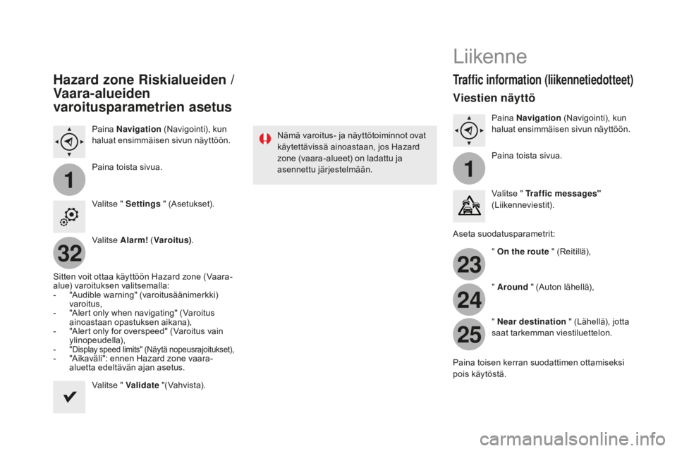 CITROEN DS4 2016 Omistajan Käsikirjat (in Finnish) 11
23
24
25
32
DS4_fi_Chap12c_SMEGplus_ed03-2015
Hazard zone Riskialueiden /
Vaara-alueiden
varoitusparametrien asetus
Paina Navigation (Navigointi), kun
haluat ensimmäisen sivun näyttöön.
P CITROEN DS4 2016 Omistajan Käsikirjat (in Finnish) 11
23
24
25
32
DS4_fi_Chap12c_SMEGplus_ed03-2015
Hazard zone Riskialueiden /
Vaara-alueiden
varoitusparametrien asetus
Paina Navigation (Navigointi), kun
haluat ensimmäisen sivun näyttöön.
P