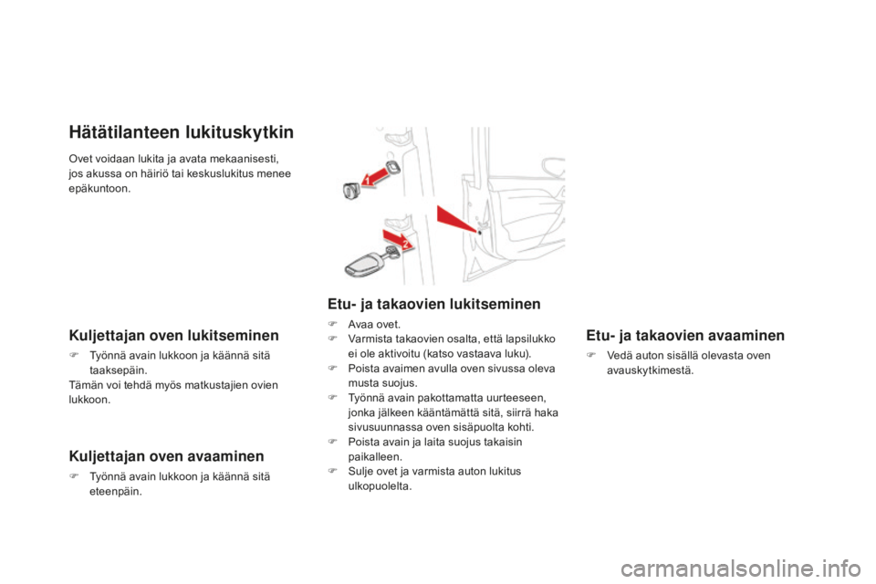 CITROEN DS4 2016  Omistajan Käsikirjat (in Finnish) DS4_fi_Chap02_ouvertures_ed03-2015
Ovet voidaan lukita ja avata mekaanisesti, 
jos akussa on häiriö tai keskuslukitus menee 
epäkuntoon.
Hätätilanteen lukituskytkin
Kuljettajan oven lukitseminen
