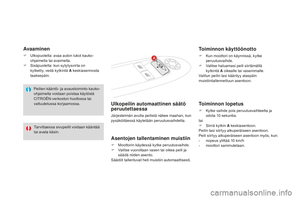 CITROEN DS4 2016 Omistajan Käsikirjat (in Finnish) DS4_fi_Chap03_confort_ed03-2015
Avaaminen
F Ulkopuolelta: avaa auton lukot kauko-ohjaimella tai avaimella.
F
S
isäpuolelta: kun sytytysvirta on
kytketty, vedä kytkintä A keskiasennosta
taaksep CITROEN DS4 2016 Omistajan Käsikirjat (in Finnish) DS4_fi_Chap03_confort_ed03-2015
Avaaminen
F Ulkopuolelta: avaa auton lukot kauko-ohjaimella tai avaimella.
F
S
isäpuolelta: kun sytytysvirta on
kytketty, vedä kytkintä A keskiasennosta
taaksep