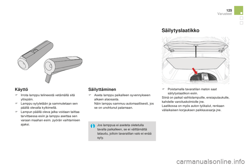 CITROEN DS4 2015  Omistajan Käsikirjat (in Finnish) 125
DS4_fi_Chap04_amenagement_ed02-2015
Käyttö
F Irrota lamppu telineestä vetämällä sitä ylöspäin.
F
 
L
 amppu sytytetään ja sammutetaan sen 
päällä olevalla kytkimellä.
F
 
L
 ampun p