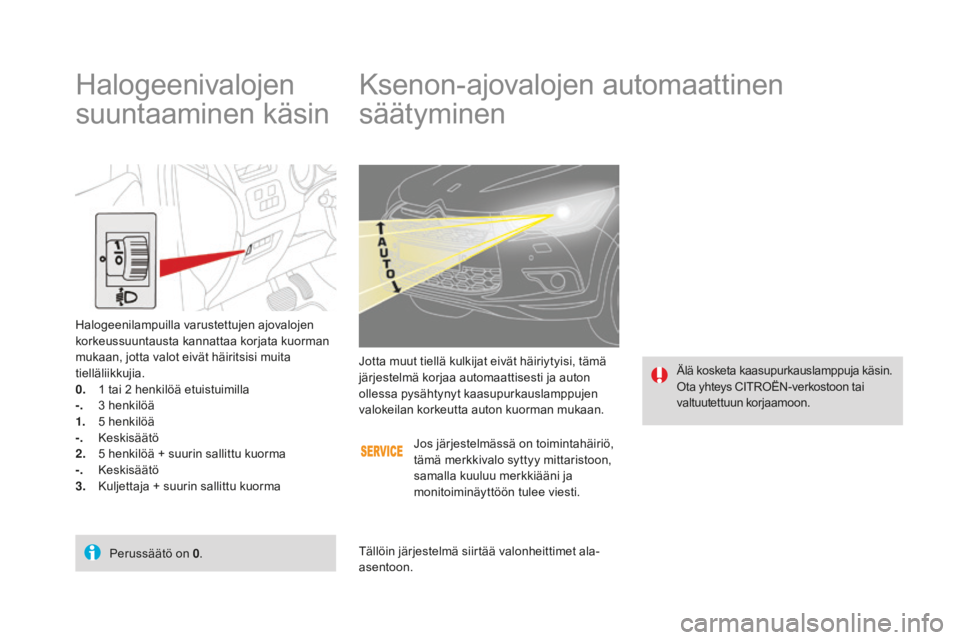 CITROEN DS4 2015 Omistajan Käsikirjat (in Finnish) DS4_fi_Chap05_visibilite_ed02-2015
Ksenon-ajovalojen automaattinen
säätyminen
Älä kosketa kaasupurkauslamppuja käsin.
Ota yhteys CITROËN-verkostoon tai
valtuutettuun korjaamoon.
Jotta muut tie CITROEN DS4 2015 Omistajan Käsikirjat (in Finnish) DS4_fi_Chap05_visibilite_ed02-2015
Ksenon-ajovalojen automaattinen
säätyminen
Älä kosketa kaasupurkauslamppuja käsin.
Ota yhteys CITROËN-verkostoon tai
valtuutettuun korjaamoon.
Jotta muut tie