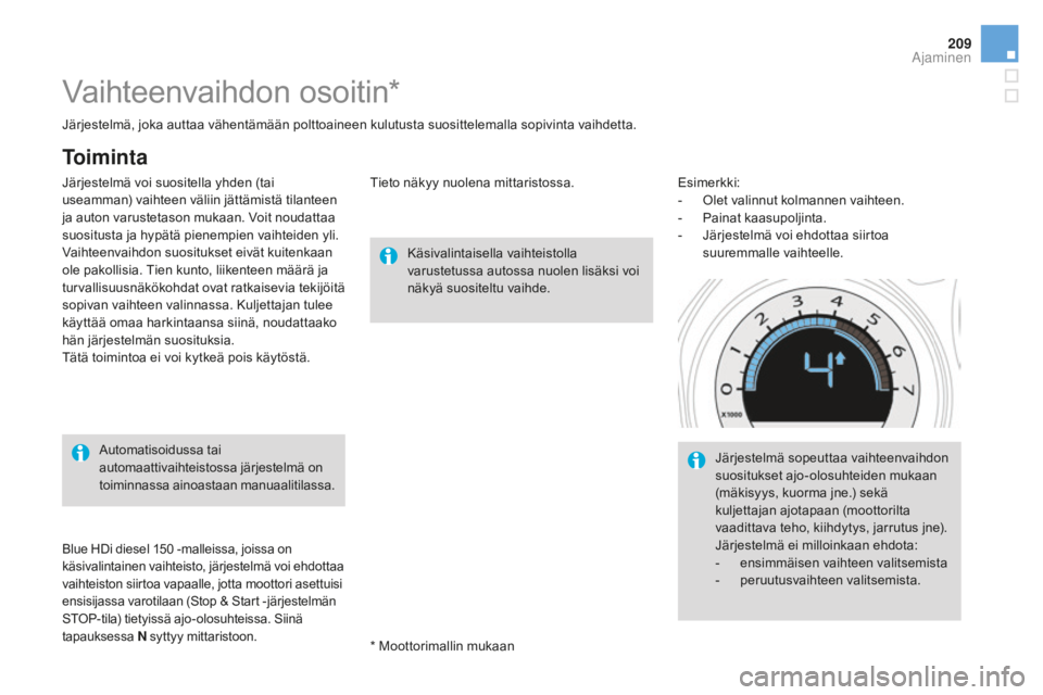 CITROEN DS4 2015 Omistajan Käsikirjat (in Finnish) 209
DS4_fi_Chap08_conduite_ed02-2015
Vaihteenvaihdon osoitin*
Käsivalintaisella vaihteistolla
varustetussa autossa nuolen lisäksi voi
näkyä suositeltu vaihde.
Automatisoidussa tai
automaattivai CITROEN DS4 2015 Omistajan Käsikirjat (in Finnish) 209
DS4_fi_Chap08_conduite_ed02-2015
Vaihteenvaihdon osoitin*
Käsivalintaisella vaihteistolla
varustetussa autossa nuolen lisäksi voi
näkyä suositeltu vaihde.
Automatisoidussa tai
automaattivai