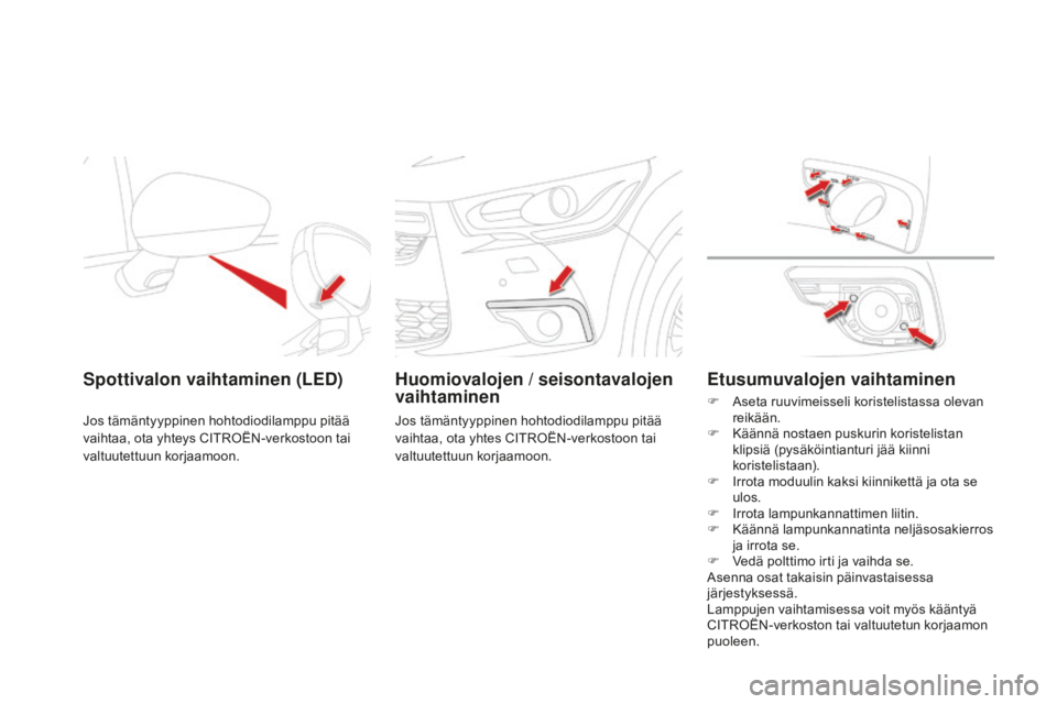 CITROEN DS4 2015 Omistajan Käsikirjat (in Finnish) DS4_fi_Chap10_info-pratiques_ed02-2015
Spottivalon vaihtaminen (LEd)
Jos tämäntyyppinen hohtodiodilamppu pitää
vaihtaa, ota yhteys CITROËN-verkostoon tai
valtuutettuun korjaamoon.
Huomiovalojen CITROEN DS4 2015 Omistajan Käsikirjat (in Finnish) DS4_fi_Chap10_info-pratiques_ed02-2015
Spottivalon vaihtaminen (LEd)
Jos tämäntyyppinen hohtodiodilamppu pitää
vaihtaa, ota yhteys CITROËN-verkostoon tai
valtuutettuun korjaamoon.
Huomiovalojen