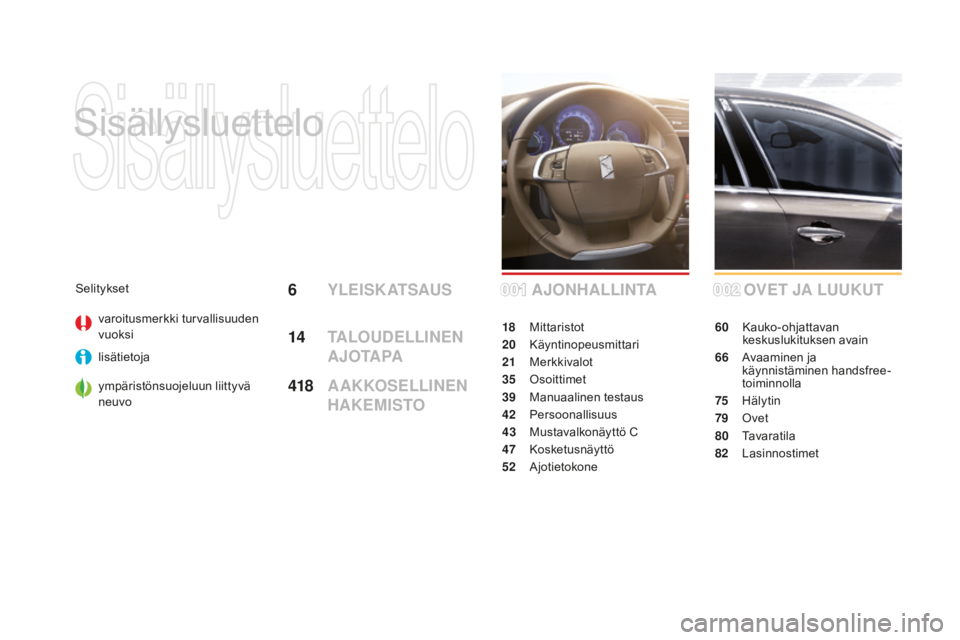 CITROEN DS4 2015 Omistajan Käsikirjat (in Finnish) DS4_fi_Chap00a_sommaire_ed02-2015
Sisällysluettelo
OVET JA LUUKUT
60 Kauko-ohjattavan keskuslukituksen avain
66
A
vaaminen ja
käynnistäminen handsfree-
toiminnolla
75
H
älytin
79
O
vet
80
CITROEN DS4 2015 Omistajan Käsikirjat (in Finnish) DS4_fi_Chap00a_sommaire_ed02-2015
Sisällysluettelo
OVET JA LUUKUT
60 Kauko-ohjattavan keskuslukituksen avain
66
A
vaaminen ja
käynnistäminen handsfree-
toiminnolla
75
H
älytin
79
O
vet
80