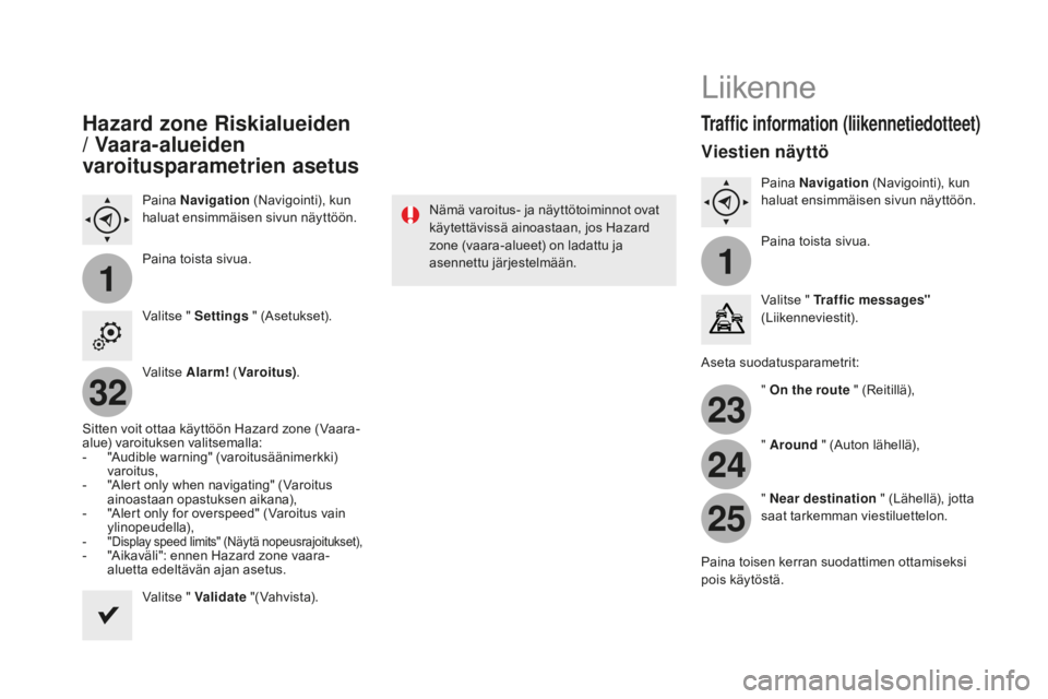 CITROEN DS4 2015  Omistajan Käsikirjat (in Finnish) 11
23
24
25
32
DS4_fi_Chap12c_SMEGplus_ed02-2015
Hazard zone Riskialueiden 
/ Vaara-alueiden 
varoitusparametrien asetus
Paina Navigation  (Navigointi), kun 
haluat ensimmäisen sivun näyttöön.
Pai