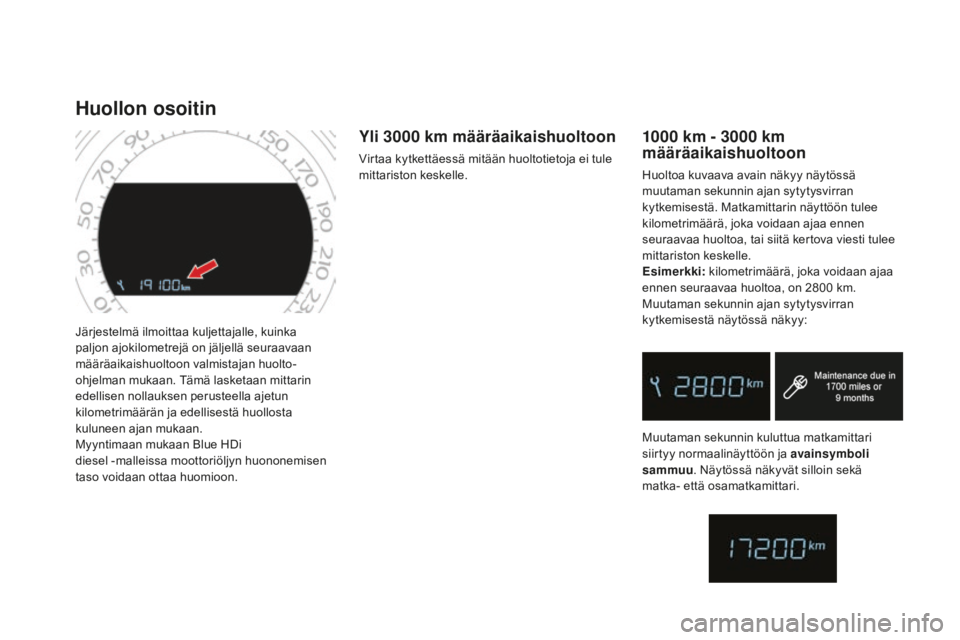 CITROEN DS4 2015 Omistajan Käsikirjat (in Finnish) DS4_fi_Chap01_controle-de-marche_ed02-2015
Järjestelmä ilmoittaa kuljettajalle, kuinka
paljon ajokilometrejä on jäljellä seuraavaan
määräaikaishuoltoon valmistajan huolto-
ohjelman mukaan. T CITROEN DS4 2015 Omistajan Käsikirjat (in Finnish) DS4_fi_Chap01_controle-de-marche_ed02-2015
Järjestelmä ilmoittaa kuljettajalle, kuinka
paljon ajokilometrejä on jäljellä seuraavaan
määräaikaishuoltoon valmistajan huolto-
ohjelman mukaan. T