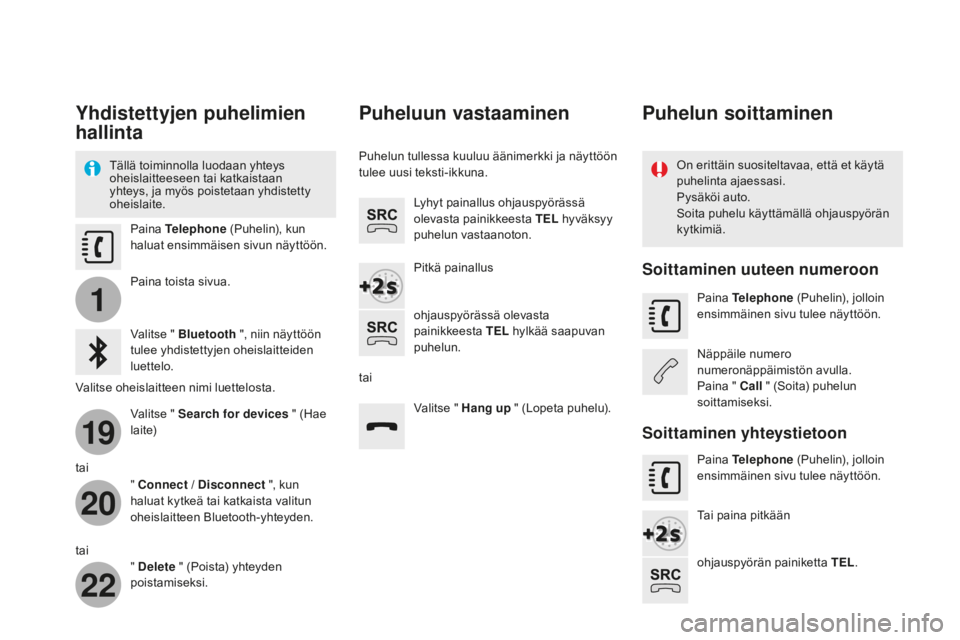CITROEN DS4 2015 Omistajan Käsikirjat (in Finnish) 1
19
20
22
DS4_fi_Chap12c_SMEGplus_ed02-2015
Yhdistettyjen puhelimien
hallinta
Tällä toiminnolla luodaan yhteys
oheislaitteeseen tai katkaistaan
yhteys, ja myös poistetaan yhdistetty
oheislaite CITROEN DS4 2015 Omistajan Käsikirjat (in Finnish) 1
19
20
22
DS4_fi_Chap12c_SMEGplus_ed02-2015
Yhdistettyjen puhelimien
hallinta
Tällä toiminnolla luodaan yhteys
oheislaitteeseen tai katkaistaan
yhteys, ja myös poistetaan yhdistetty
oheislaite