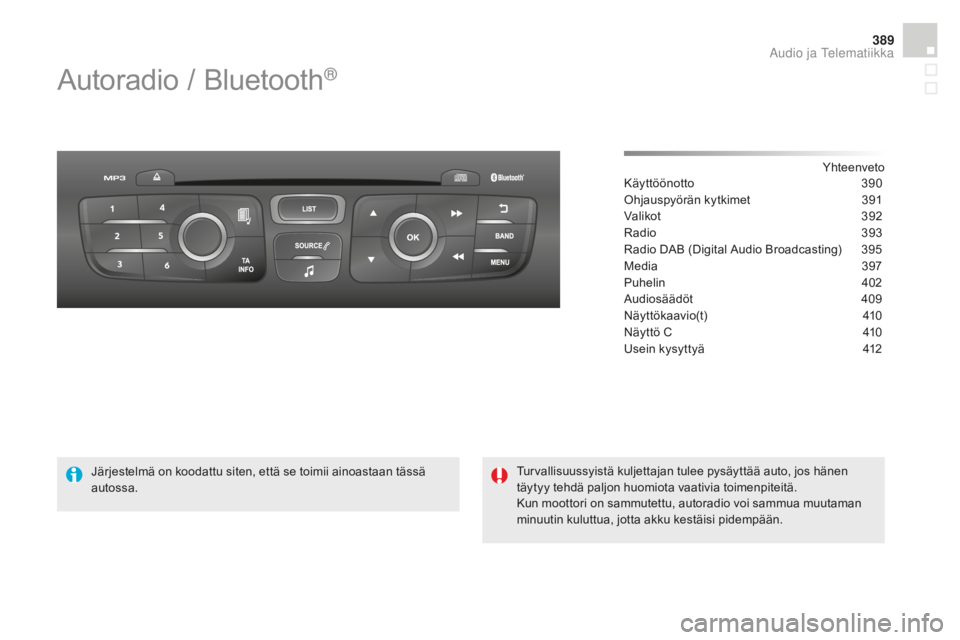 CITROEN DS4 2015 Omistajan Käsikirjat (in Finnish) 389
DS4_fi_Chap12d_RD5_ed02-2015
Autoradio / Bluetooth®
Yhteenveto
Käyttöönotto 3 90
Ohjauspyörän kytkimet
3
91
Valikot
3
92
Radio
3
93
Radio DAB (Digital Audio Broadcasting)
3
95
Media CITROEN DS4 2015 Omistajan Käsikirjat (in Finnish) 389
DS4_fi_Chap12d_RD5_ed02-2015
Autoradio / Bluetooth®
Yhteenveto
Käyttöönotto 3 90
Ohjauspyörän kytkimet
3
91
Valikot
3
92
Radio
3
93
Radio DAB (Digital Audio Broadcasting)
3
95
Media