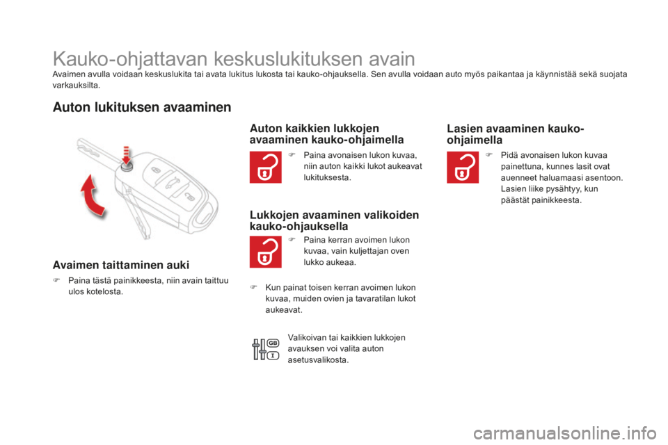 CITROEN DS4 2015 Omistajan Käsikirjat (in Finnish) DS4_fi_Chap02_ouvertures_ed02-2015
Kauko-ohjattavan keskuslukituksen avainAvaimen avulla voidaan keskuslukita tai avata lukitus lukosta tai kauko-ohjauksella. Sen avulla voidaan auto myös paikantaa j CITROEN DS4 2015 Omistajan Käsikirjat (in Finnish) DS4_fi_Chap02_ouvertures_ed02-2015
Kauko-ohjattavan keskuslukituksen avainAvaimen avulla voidaan keskuslukita tai avata lukitus lukosta tai kauko-ohjauksella. Sen avulla voidaan auto myös paikantaa j