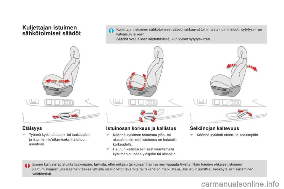 CITROEN DS4 2015  Omistajan Käsikirjat (in Finnish) DS4_fi_Chap03_confort_ed02-2015
Kuljettajan istuimen 
sähkötoimiset säädöt
Etäisyys
F Työnnä kytkintä eteen- tai taaksepäin ja istuimen liu'uttamiseksi haluttuun 
asentoon.
Istuinosan ko