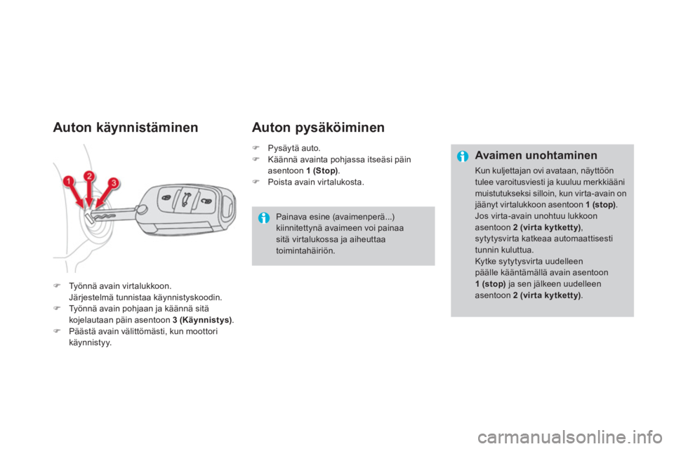 CITROEN DS4 2014  Omistajan Käsikirjat (in Finnish)    
 
 
 
 
 
 
 
 
Auton käynnistäminen 
 
 
 
�) 
  Työnnä avain virtalukkoon.  
  Järjestelmä tunnistaa käynnistyskoodin. 
   
�) 
  Työnnä avain pohjaan ja käännä sitä 
kojelautaan p