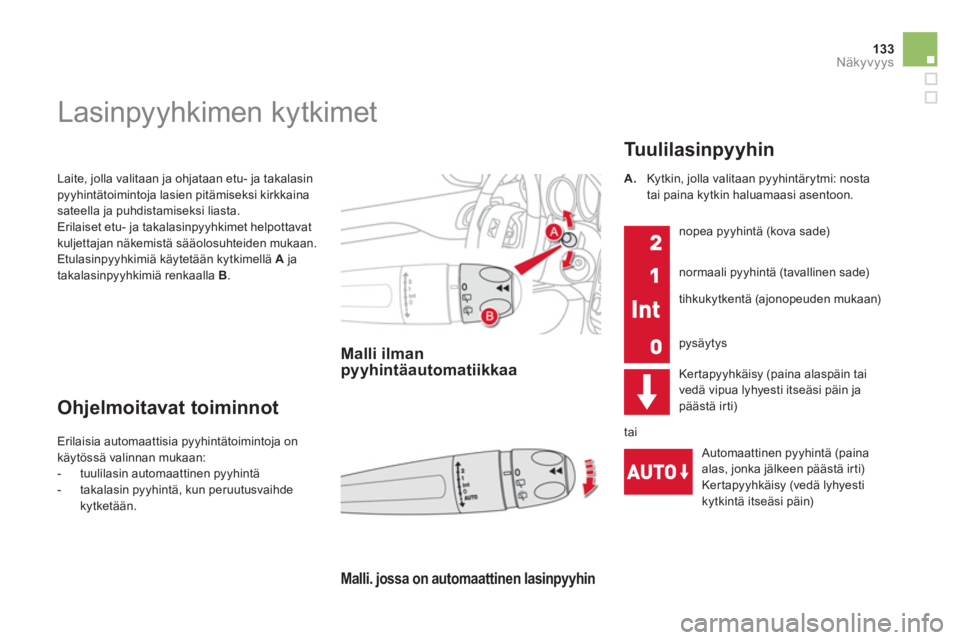 CITROEN DS4 2014 Omistajan Käsikirjat (in Finnish) 133Näkyvyys
Laite, jolla valitaan ja ohjataan etu- ja takalasin
pyyhintätoimintoja lasien pitämiseksi kirkkaina
sateella ja puhdistamiseksi liasta.
Erilaiset etu- ja takalasinpyyhkimet helpo CITROEN DS4 2014 Omistajan Käsikirjat (in Finnish) 133Näkyvyys
Laite, jolla valitaan ja ohjataan etu- ja takalasin
pyyhintätoimintoja lasien pitämiseksi kirkkaina
sateella ja puhdistamiseksi liasta.
Erilaiset etu- ja takalasinpyyhkimet helpo