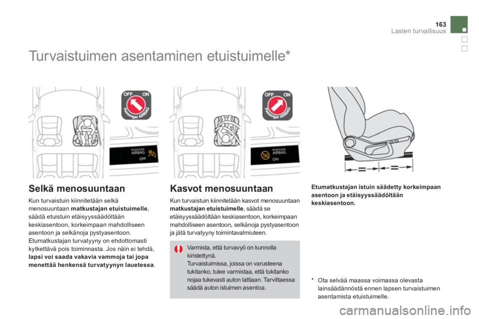 CITROEN DS4 2014 Omistajan Käsikirjat (in Finnish) 163Lasten turvallisuus
Turvaistuimen asentaminen etuistuimelle *
Selkä menosuuntaan
Kasvot menosuuntaan
Etumatkustajan istuin säädetty korkei CITROEN DS4 2014 Omistajan Käsikirjat (in Finnish) 163Lasten turvallisuus
Turvaistuimen asentaminen etuistuimelle *
Selkä menosuuntaan
Kasvot menosuuntaan
Etumatkustajan istuin säädetty korkei