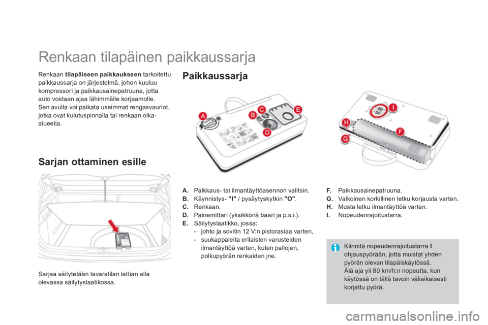 CITROEN DS4 2014  Omistajan Käsikirjat (in Finnish)    
 
 
 
 
 
 
 
 
 
 
 
 
 
 
 
 
Renkaan tilapäinen paikkaussarja 
 
 
Renkaan  tilapäiseen paikkaukseen 
 tarkoitettu 
paikkaussarja on järjestelmä, johon kuuluu 
kompressori ja paikkausainepa