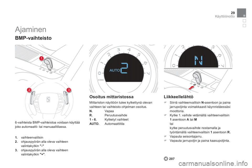 CITROEN DS4 2014  Omistajan Käsikirjat (in Finnish) 29Käyttöönotto
  Ajaminen 
 
6 -vaihteista BMP-vaihteistoa voidaan käyttää 
joko automaatti- tai manuaalitilassa. 
   
BMP-vaihteisto 
 
 
 
1. 
 vaihteenvalitsin 
   
2. 
  ohjauspyörän alla 