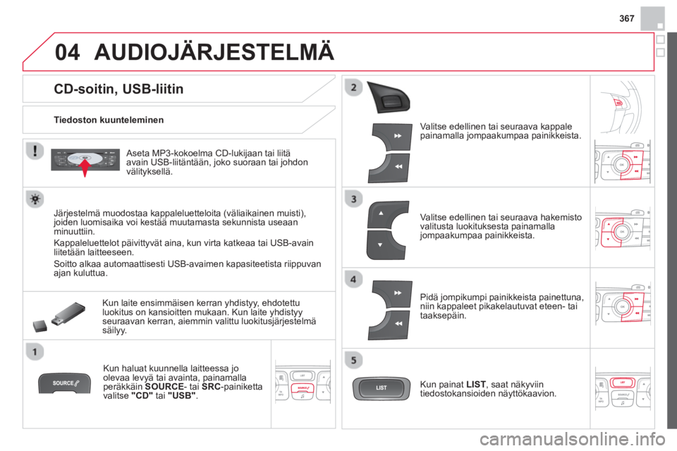 CITROEN DS4 2014 Omistajan Käsikirjat (in Finnish) 367
04
CD-soitin, USB-liitin
AUDIOJÄRJESTELMÄ
Tiedoston kuunteleminen
Aseta MP3-kokoelma CD-lukijaan tai liitä
avain USB-liitäntään, joko suoraan tai joh CITROEN DS4 2014 Omistajan Käsikirjat (in Finnish) 367
04
CD-soitin, USB-liitin
AUDIOJÄRJESTELMÄ
Tiedoston kuunteleminen
Aseta MP3-kokoelma CD-lukijaan tai liitä
avain USB-liitäntään, joko suoraan tai joh