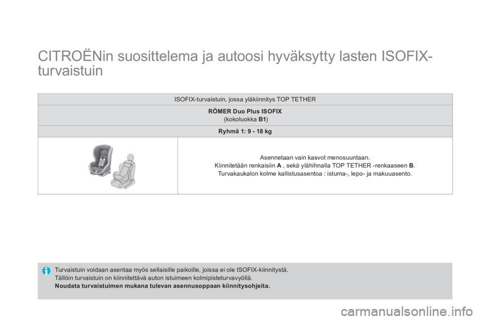 CITROEN DS4 2013 Omistajan Käsikirjat (in Finnish)
CITROËNin suosittelema ja autoosi hyväksytty lasten ISOFIX-
turvaistuin
Tur vaistuin voidaan asentaa myös sellaisille paikoille, joissa ei ole ISOFIX-kiinnitystä. CITROEN DS4 2013 Omistajan Käsikirjat (in Finnish)
CITROËNin suosittelema ja autoosi hyväksytty lasten ISOFIX-
turvaistuin
Tur vaistuin voidaan asentaa myös sellaisille paikoille, joissa ei ole ISOFIX-kiinnitystä.