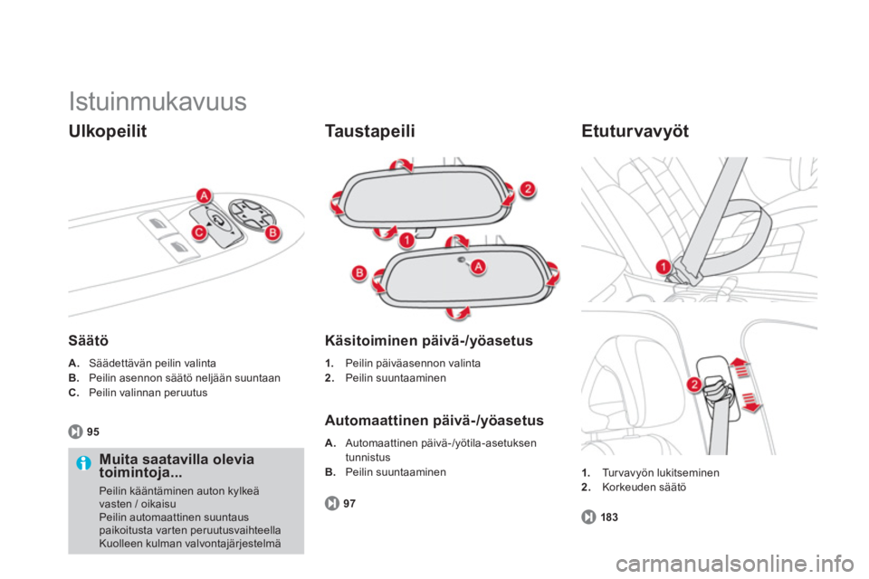 CITROEN DS4 2013  Omistajan Käsikirjat (in Finnish)   Istuinmukavuus 
 
 
Ulkopeilit 
 
 
Säätö  
 
 
 
A. 
  Säädettävän peilin valinta 
   
B. 
  Peilin asennon säätö neljään suuntaan 
   
C. 
  Peilin valinnan peruutus  
   
95 
 
 
 
Mu