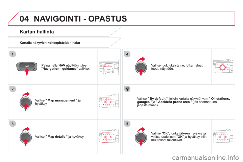 CITROEN DS4 2013  Omistajan Käsikirjat (in Finnish) 04  NAVIGOINTI - OPASTUS 
 
 
Painamalla  NAV 
 näyttöön tulee 
" Navigation - guidance 
"-valikko.  
 
 
Kartan hallinta 
 
 
Kartalla näkyvien kohdepisteiden haku  
   
Valitse "  Map management