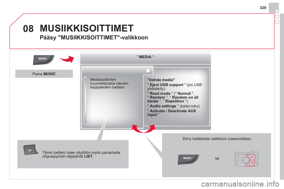 CITROEN DS4 2013  Omistajan Käsikirjat (in Finnish) 08
339
  MUSIIKKISOITTIMET 
 
 
 
 
 
 
 
Pääsy "MUSIIKKISOITTIMET"-valikkoon 
 
 
"  MEDIA 
 "  
   
" Vaihda media" 
 
  "  Eject USB support 
 " (jos USB 
yhdistetty) 
  "  Read mode 
 " ("  Norm