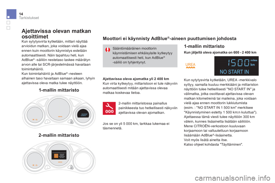 CITROEN DS4 2013  Omistajan Käsikirjat (in Finnish) 14Ta r k i s t u k s e t 
  Sääntömääräinen moottorin  käynnistämisen ehkäisylaite kytkeytyy automaattisesti heti, kun AdBlue®     -säiliö on tyhjentynyt.    
      Ajettavissa olevan matk
