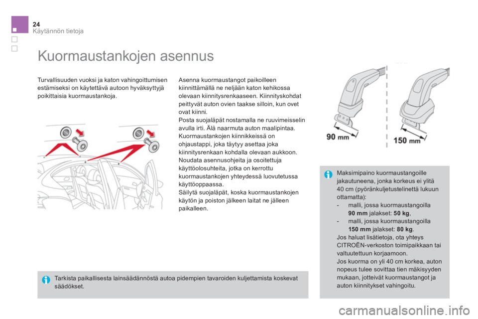 CITROEN DS4 2013  Omistajan Käsikirjat (in Finnish) 24Käytännön tietoja
   
 
 
 
 
 
 
 
Kuormaustankojen asennus  
 
 
Turvallisuuden vuoksi ja katon vahingoittumisen 
estämiseksi on käytettävä autoon hyväksyttyjä 
poikittaisia kuormaustanko