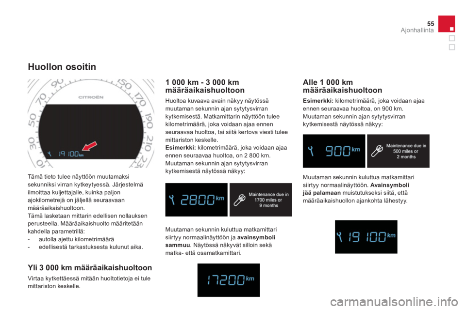 CITROEN DS4 2013  Omistajan Käsikirjat (in Finnish) 55Ajonhallinta
  Tämä tieto tulee näyttöön muutamaksi 
sekunniksi virran kytkeytyessä. Järjestelmä 
ilmoittaa kuljettajalle, kuinka paljon 
ajokilometrejä on jäljellä seuraavaan 
määräai