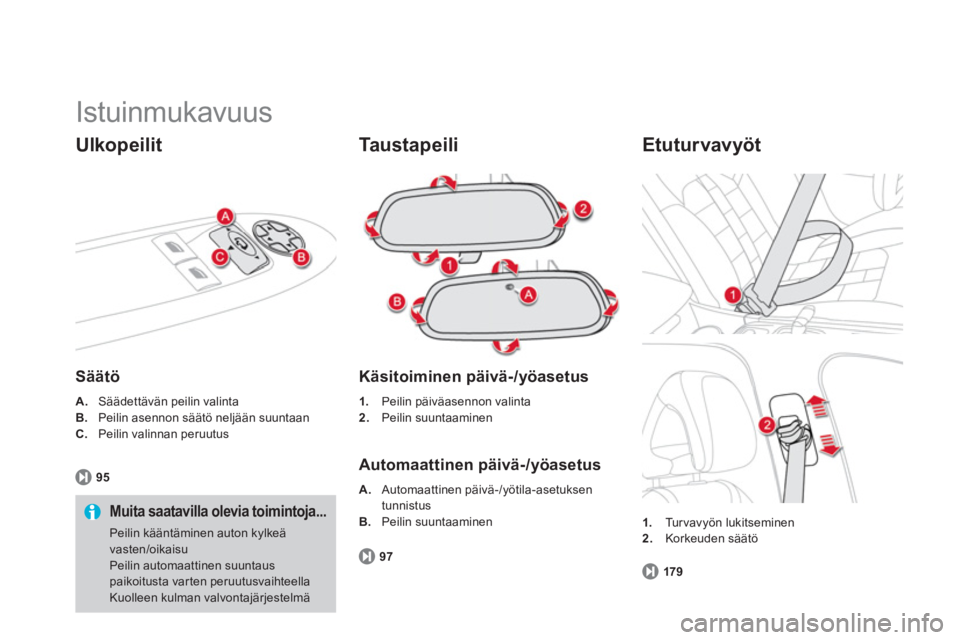 CITROEN DS4 2011  Omistajan Käsikirjat (in Finnish)   Istuinmukavuus 
Ulkopeilit 
Säätö  
A. 
  Säädettävän peilin valintaB. Peilin asennon säätö neljään suuntaan
C
. Peilin valinnan peruutus 
95
   
Muita saatavilla olevia toimintoja... 
P