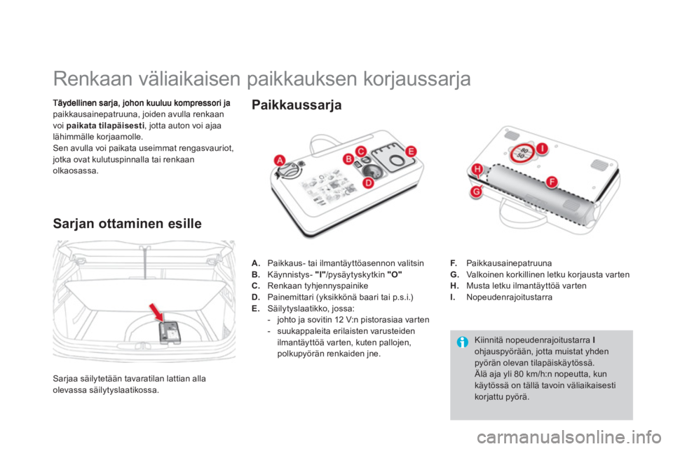 CITROEN DS4 2011  Omistajan Käsikirjat (in Finnish)    
 
 
 
 
 
 
 
 
 
 
 
 
 
 
 
 
Renkaan väliaikaisen paikkauksen korjaussarja 
paikkausainepatruuna, joiden avulla renkaan
voi paikata tilapäisesti  , jotta auton voi ajaa 
lähimmälle korjaamo