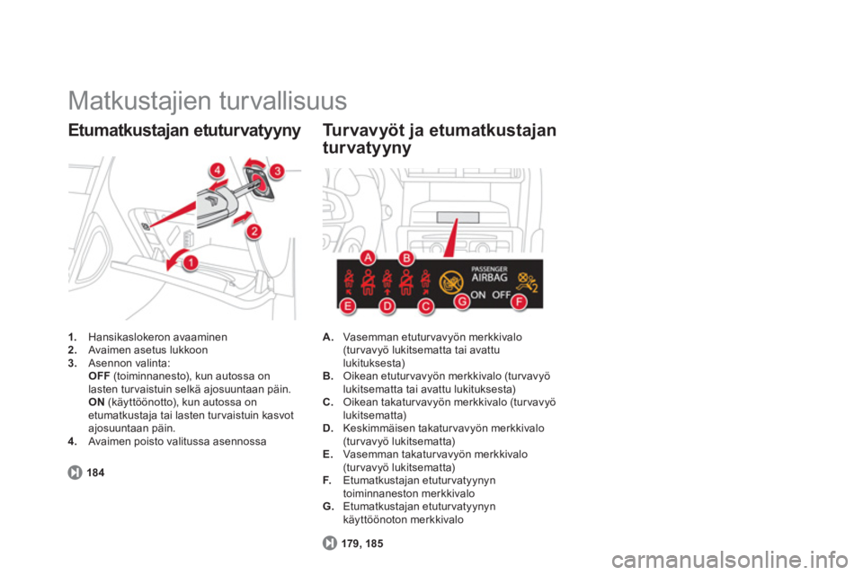 CITROEN DS4 2011  Omistajan Käsikirjat (in Finnish)   Matkustajien turvallisuus 
1. 
 Hansikaslokeron avaaminen 2. 
 Avaimen asetus lukkoon 3.Asennon valinta:
OFF(toiminnanesto), kun autossa on lasten tur vaistuin selkä ajosuuntaan päin.  
ON   (käy