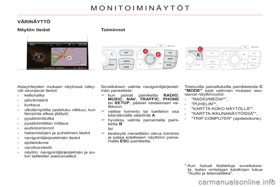 CITROEN DS4 2011  Omistajan Käsikirjat (in Finnish) MONITOIMINÄYTÖT
3 
   
 
 
 
 
 
 
 
 
 
 
 
 
 
 
 
 
 
 
 
 
 
VÄRINÄYTTÖ 
 
Asiayhteyden mukaan näytössä näky-
vät seuraavat tiedot: 
   
 
-  kellonaika 
   
-  päivämäärä 
   
-  k
