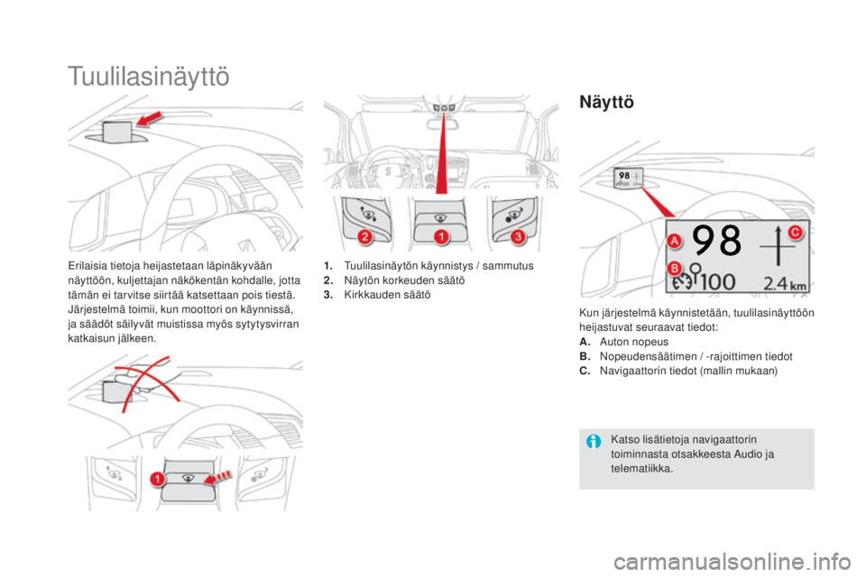 CITROEN DS5 2016  Omistajan Käsikirjat (in Finnish) DS5_fi_Chap04_conduite_ed02-2015
Tuulilasinäyttö
Erilaisia tietoja heijastetaan läpinäkyvään 
näyttöön, kuljettajan näkökentän kohdalle, jotta 
tämän ei tarvitse siirtää katsettaan poi