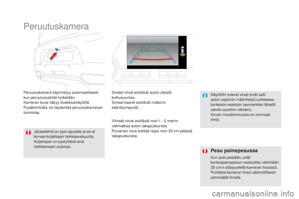 CITROEN DS5 2016  Omistajan Käsikirjat (in Finnish) DS5_fi_Chap04_conduite_ed02-2015
Peruutuskamera
Peruutuskamera käynnistyy automaattisesti, 
kun peruutusvaihde kytketään.
Kameran kuva näkyy kosketusnäytöllä.
Pysäköintutka voi täydentää p