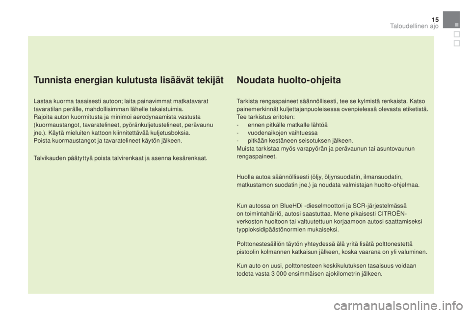 CITROEN DS5 2016  Omistajan Käsikirjat (in Finnish) 15
DS5_fi_Chap00c_eco-conduite_ed02-2015
Tunnista energian kulutusta lisäävät tekijät
Lastaa kuorma tasaisesti autoon; laita painavimmat matkatavarat 
tavaratilan perälle, mahdollisimman lähelle