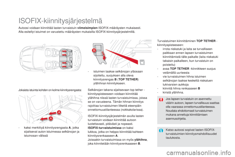 CITROEN DS5 2016 Omistajan Käsikirjat (in Finnish) DS5_fi_Chap06_securite-enfants_ed02-2015
Autoosi voidaan kiinnittää lasten turvaistuin viimeisimpien ISOFIX-määräysten mukaisesti.
Alla esitellyt istuimet on varustettu määräysten mukaisilla I CITROEN DS5 2016 Omistajan Käsikirjat (in Finnish) DS5_fi_Chap06_securite-enfants_ed02-2015
Autoosi voidaan kiinnittää lasten turvaistuin viimeisimpien ISOFIX-määräysten mukaisesti.
Alla esitellyt istuimet on varustettu määräysten mukaisilla I