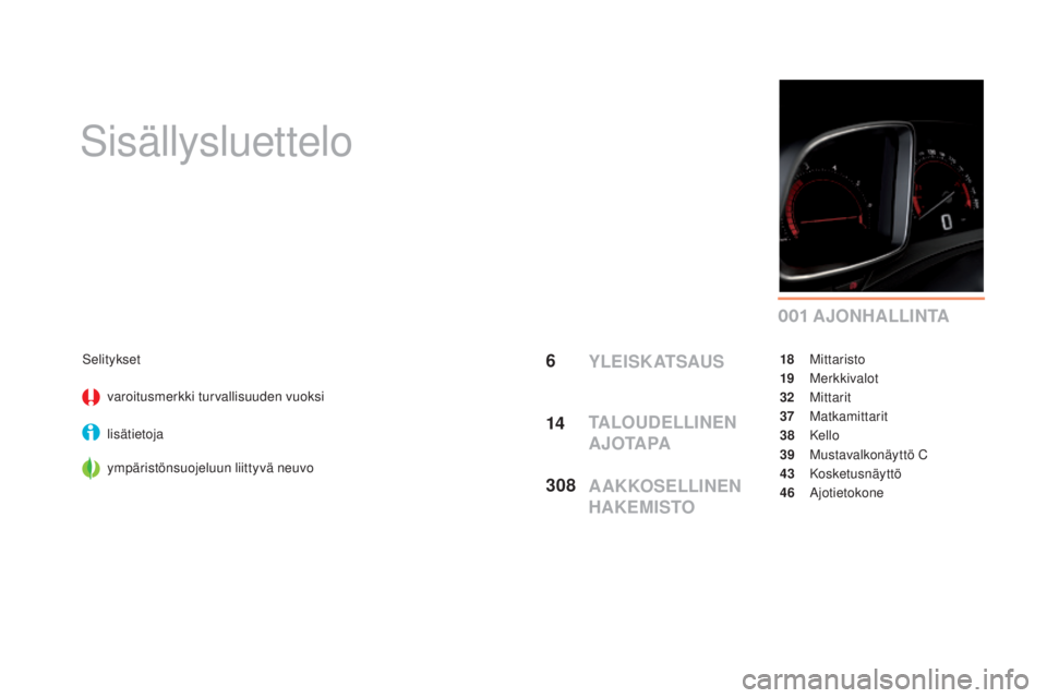 CITROEN DS5 2016  Omistajan Käsikirjat (in Finnish) 0 01
DS5_fi_Chap00a_sommaire_ed02-2015
Sisällysluettelo
A J O N H A L L I N TA
Selityksetvaroitusmerkki turvallisuuden vuoksi
lisätietoja
ympäristönsuojeluun liittyvä neuvo 18 M
ittaristo
19
 M

