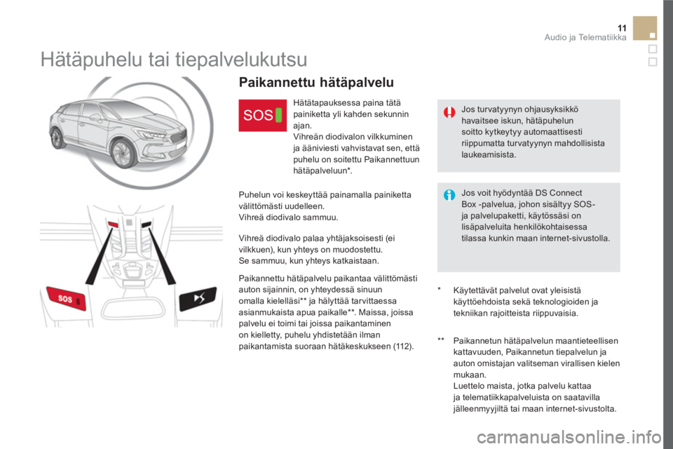 CITROEN DS5 2016  Omistajan Käsikirjat (in Finnish) 11  Audio ja Telematiikka 
 
 
 
 
 
 
 
Hätäpuhelu tai tiepalvelukutsu 
 
 
Jos tur vatyynyn ohjausyksikkö 
havaitsee iskun, hätäpuhelun 
soitto kytkeytyy automaattisesti 
riippumatta tur vatyyn