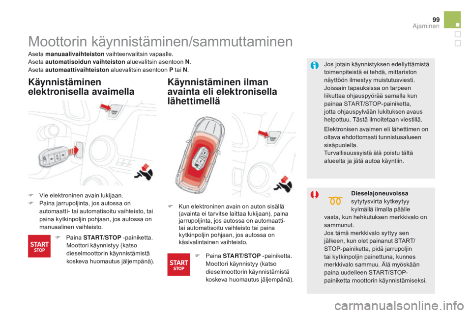 CITROEN DS5 2015  Omistajan Käsikirjat (in Finnish) 99
DS5_fi_Chap04_conduite_ed01-2015
Moottorin käynnistäminen/sammuttaminen
F Vie elektroninen avain lukijaan.
F P aina jarrupoljinta, jos autossa on 
automaatti- tai automatisoitu vaihteisto, tai 
p