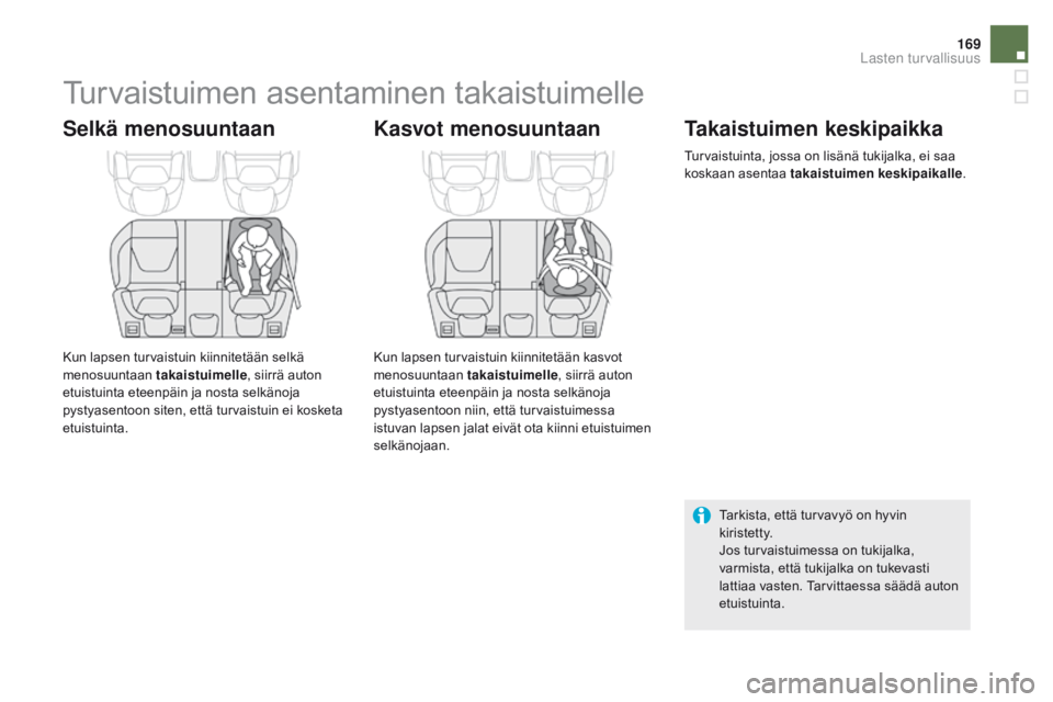 CITROEN DS5 2015  Omistajan Käsikirjat (in Finnish) 169
DS5_fi_Chap06_securite-enfants_ed01-2015
Turvaistuimen asentaminen takaistuimelle
Selkä menosuuntaan
Kun lapsen turvaistuin kiinnitetään selkä 
menosuuntaan takaistuimelle, siirrä auton 
etui