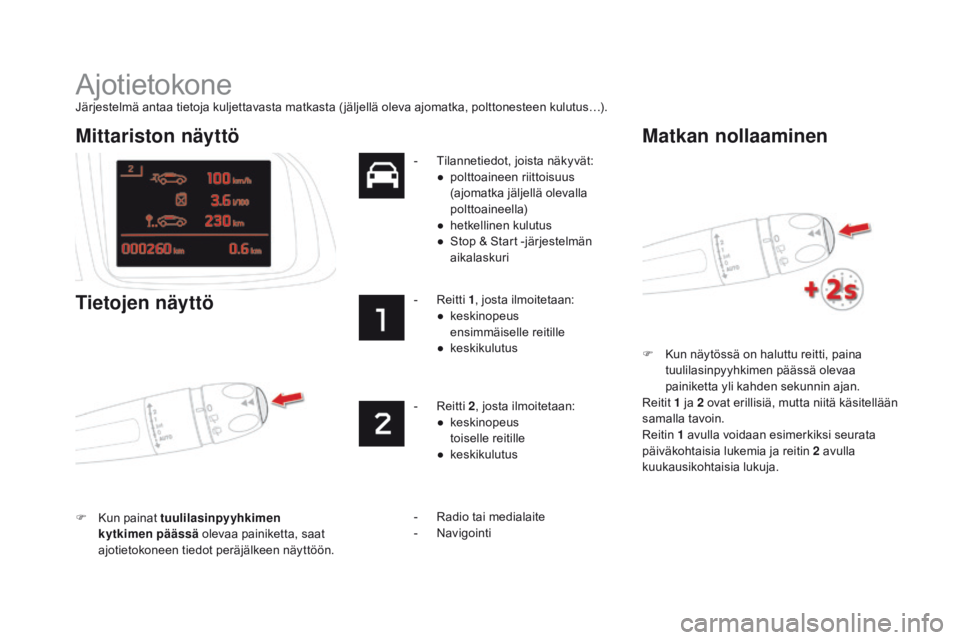 CITROEN DS5 2015 Omistajan Käsikirjat (in Finnish) DS5_fi_Chap01_controle-de-marche_ed01-2015
Ajotietokone
Järjestelmä antaa tietoja kuljettavasta matkasta ( jäljellä oleva ajomatka, polttonesteen kulutus…).F
K
un näytössä on haluttu reitt CITROEN DS5 2015 Omistajan Käsikirjat (in Finnish) DS5_fi_Chap01_controle-de-marche_ed01-2015
Ajotietokone
Järjestelmä antaa tietoja kuljettavasta matkasta ( jäljellä oleva ajomatka, polttonesteen kulutus…).F
K
un näytössä on haluttu reitt